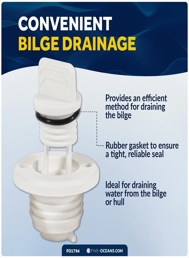 Five Oceans Captive Garboard Drain Plug, for 1-Inch Transom Hole, Oval Shape, Thread with Rubber Washer Gaskets, White Nylon - FO1794 - Image 5